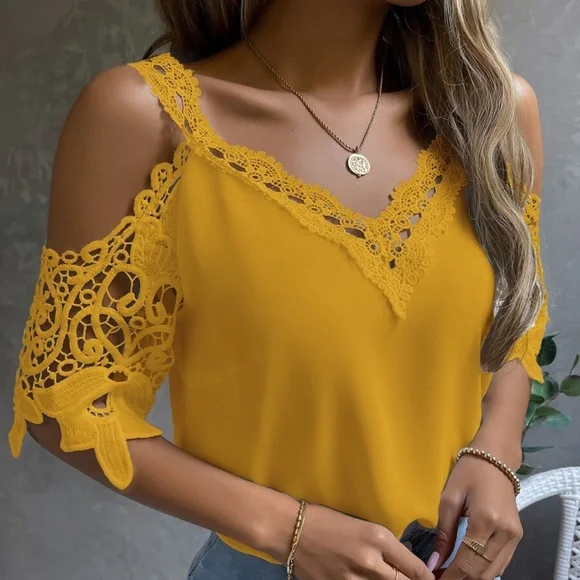 Boho Floral Lace Cold Shoulder Blouse - Picture 7 of 9